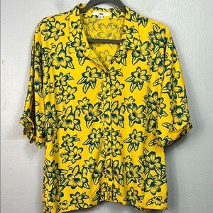 Vans Yellow & Blue Floral Allover Print Short Sleeve Boxy Button Front Blouse XL